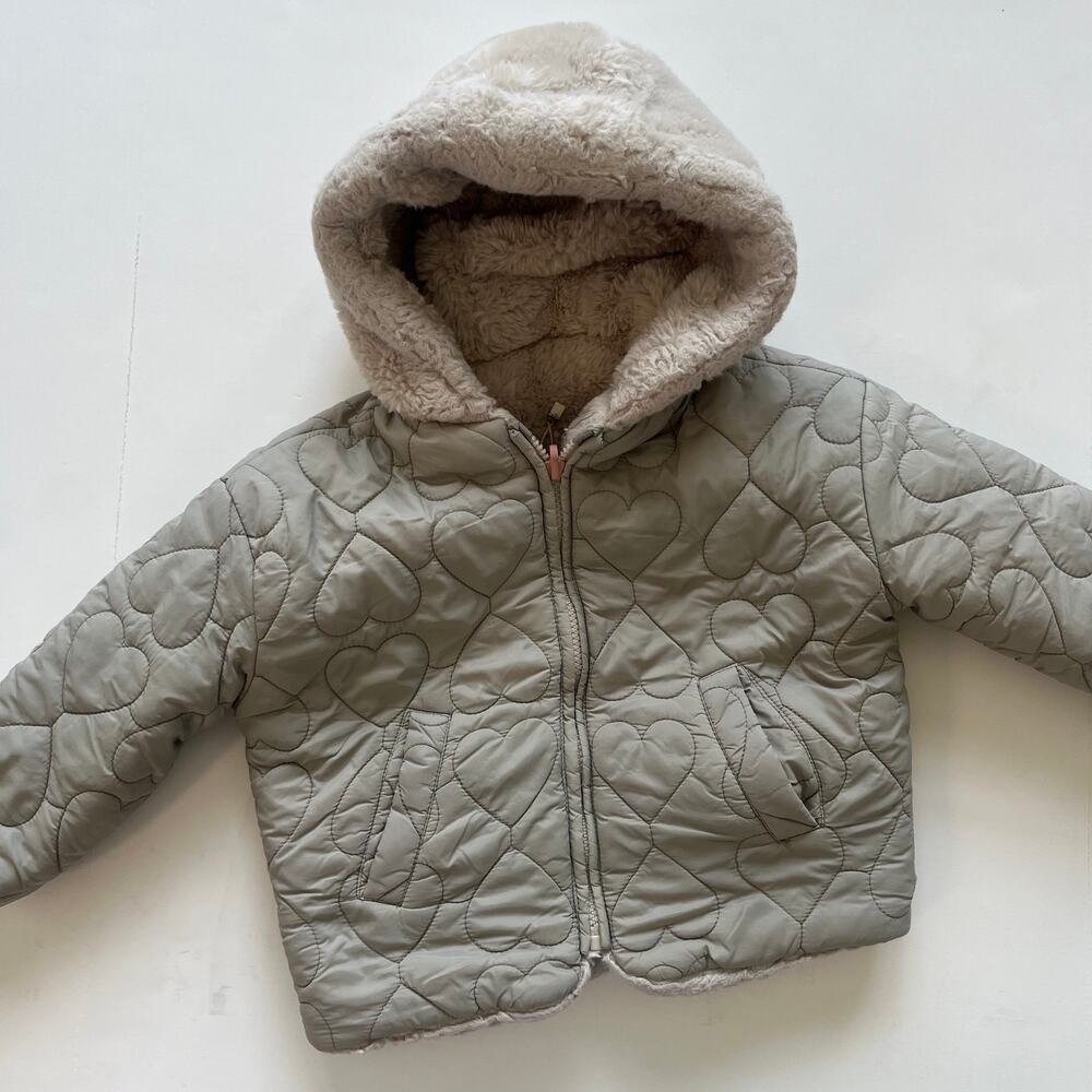 Zara Baby Kids Heart Quilted Plush Lined Hooded Jacket Size 2/3 Years GUC